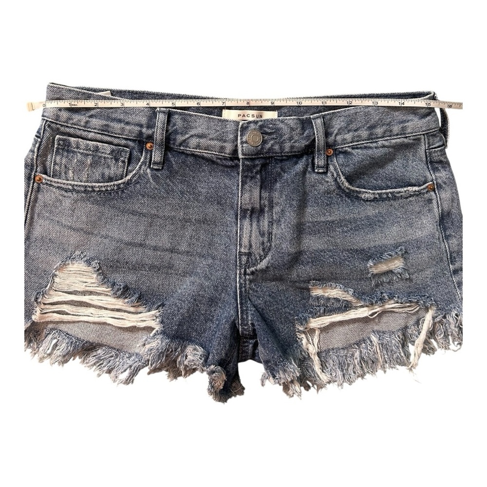 Pacsun Low-Rise Destroyed Jean Shorts - Size 27, Medium Wash - Picture 3 of 8